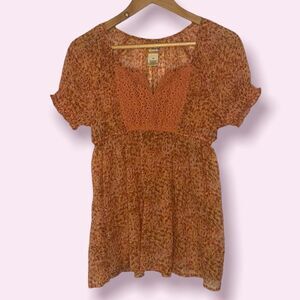 Floral Rust Orange Blouse with Knitted Detailing